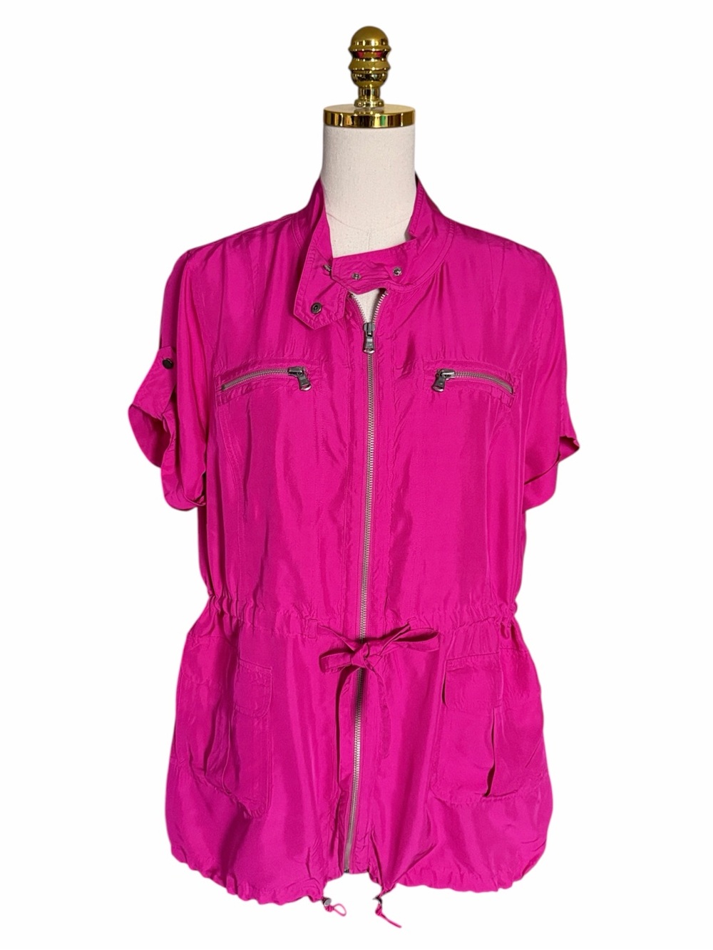 Kenneth Cole New York 100% Silk Fuchsia Short-Sleeve Drawstring Utility Jacket L